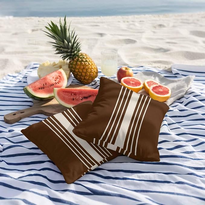 Brown Beige Striped Outdoor Pillow Covers 26x26 Inch Throw Pillow Covers Set of 2 Waterproof Decorative Pillow Cases Modern Farmhouse Retro Lines Cushion Covers for Patio Furniture Garden Couch Sofa