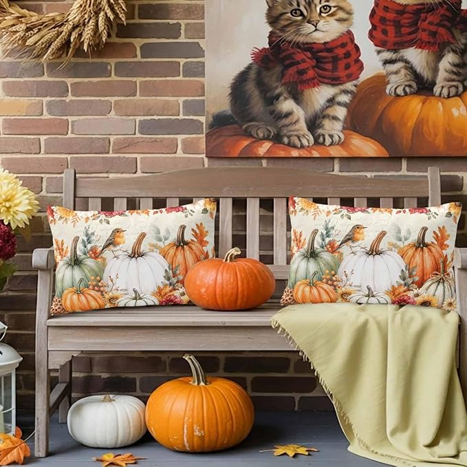 Orange White Pumpkins Fall Lumbar Pillow Covers 20x12 Inch Set of 2, Thanksgiving Waterproof Outdoor Pillow Covers, Sunflower Retro Decorative Cushion Pillowcases for Couch, Sofa, Bed, Garden, Patio