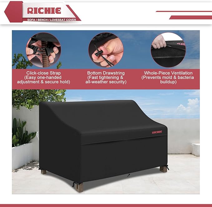 RICHIE Waterproof Patio Sofa Cover 3-Seater - Outdoor Furniture Covers for Loveseat/Couch with Air Vents & Handles, 77"W*30"D*31"H, Black