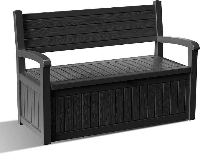 EasyUp 80 Gallon Wood Grain Style Outdoor Storage Bench, Waterproof and Lockable Deck Box Outdoor Storage Furniture for Patio,Garden,and Porch-Perfect for Storing Garden Tools(Black Srtipe)