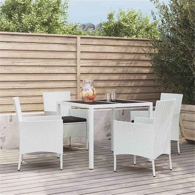Afuera Living 5-Piece Patio Dining Set, White Poly Rattan, Powder-Coated Steel, Adjustable Armrests, Cushioned Seats, Modern Indoor/Outdoor Table and Chairs, Garden, Terrace or Balcony Use