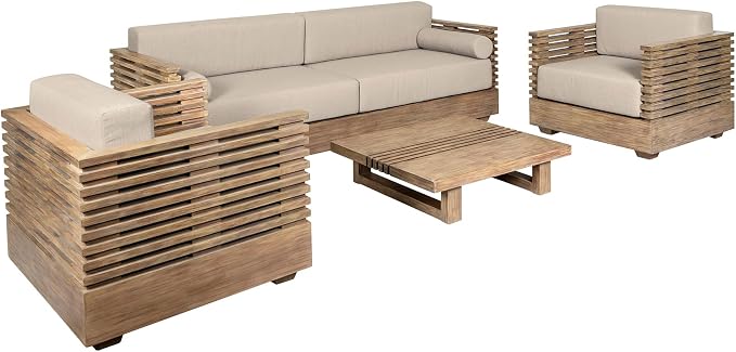 Armen Living Vivid Outdoor Patio 4 Piece Conversation Set in Light Eucalyptus Wood with Taupe Olefin Cushions