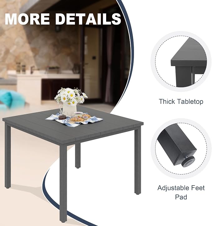 VICLLAX Patio 5 Pieces Outdoor Dining Set for 4, Wrought Iron Metal Outdoor Table and Chairs Set, 40" Square Table with Umbrella Hole and 4 Stackable Chairs for Lawn, Garden, Porch, Dark Grey/Black