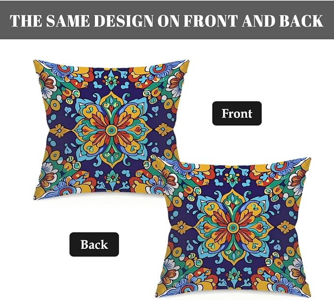 16x16 Inch Outdoor Pillow Covers Set of 2 Waterproof Throw Pillow Covers Decorative Couch Cushion Covers Mexican Style Floral Square Pillowcases Protectors for Patio Garden Sofa