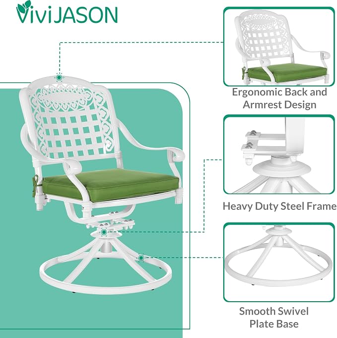 VIVIJASON 5-Piece Outdoor Patio Dining Set, All-Weather Cast Aluminum Conversation Set, Patio Furniture Set for Backyard, Include 4 Swivel Rocker Chairs, a 35.4" Round Table w/Umbrella Hole, White