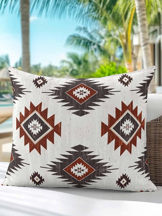 Waterproof Outdoor Pillow 1 Pack Red Brown Boho Aztec Decorative Throw Pillows Cover & Insert 16x16 Inch Pillowcase Southwest Tribal Style Pillows for Couch Sofa Bed Patio Furniture Indoor Outdoor