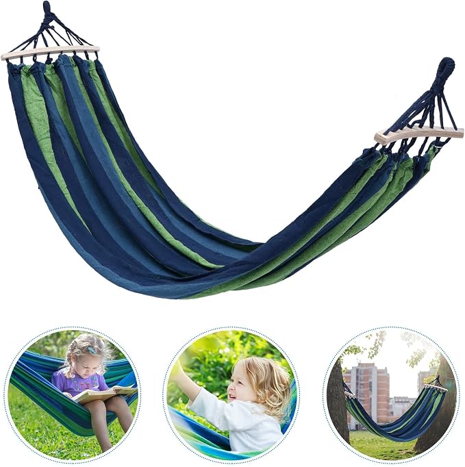Outdoor Travel Canvas Hammock Swing for Camping and Hiking, Portable Single-Person Widened Blue Stripe 190x100cm Garden Swing Hammock