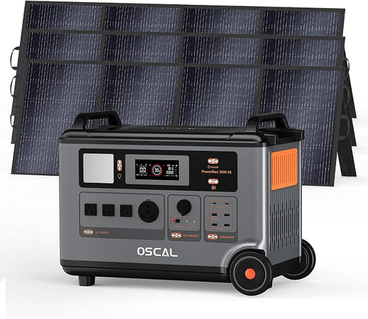 OSCAL Portable Power Station 3600Wh PowerMax 3600 SE With 3x400W Solar Panel, 3600W (Surge 7200W) Output, LiFePO4 Solar Generator for Home Use, Power Outage, Camping, RV, Emergencies