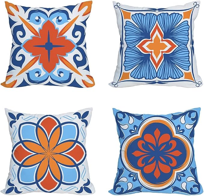 Outdoor Waterproof Throw Pillow Covers 22x22 inch Floral and Boho Style Decorative Pillow Covers Modern Geometric Pillowcase for Patio Funiture Garden Set of 4, Blue and Orange