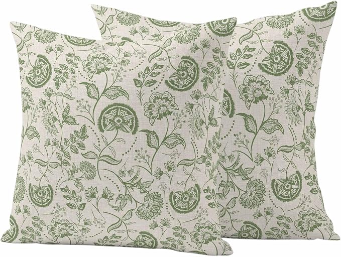 Outdoor Pillow Covers 18x18 Set of 2, Sage Green Spring Floral Waterproof Patio Throw Pillow Covers for Couch Sofa Chair, Retro Summer Botanical Farmhouse Decorative Pillowcases for Throw Pillows