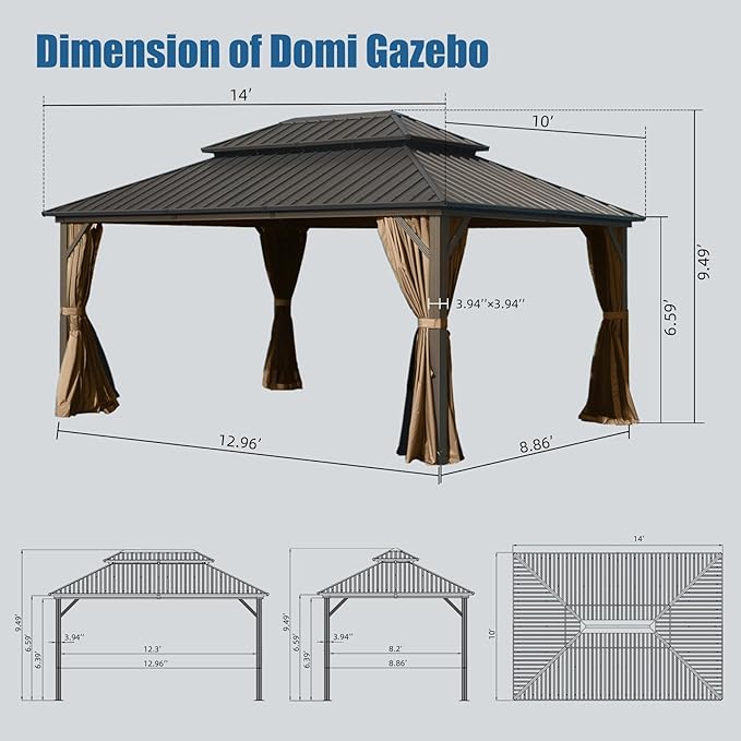 Domi 10' x 14' Hardtop Gazebo, Outdoor Metal Gazebo for Patios with Galvanized Steel Double Roof, Heavy Duty Curtains and Netting Included, Permanent Pergola for Backyard, Garden Lawn, Brown