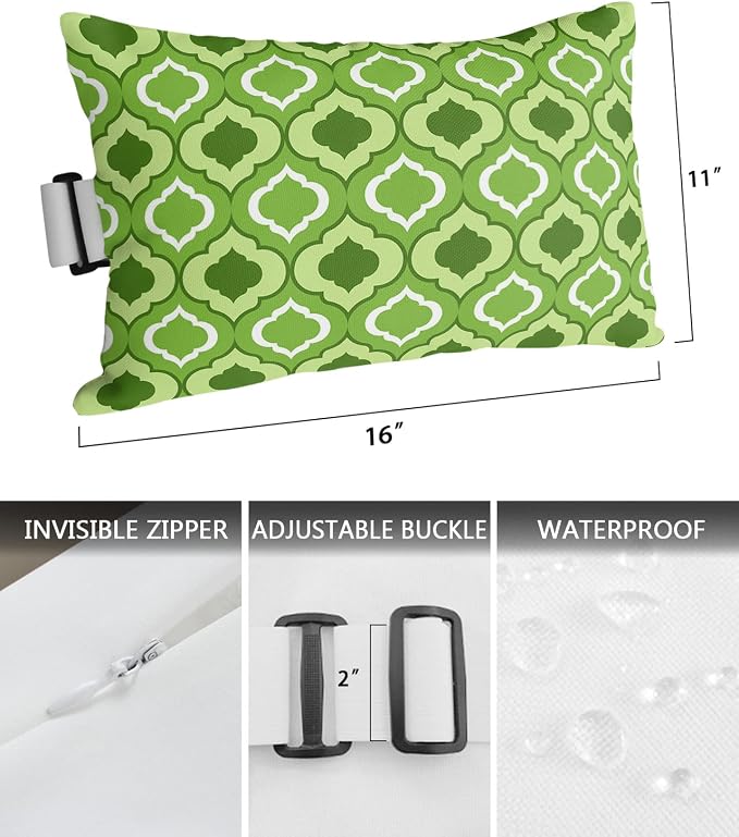 Outdoor Pillows Covers with Inserts Green Moroccan Pattern Geometric Waterproof Recliner Pillow with Adjustable Strap Throw Pillows for Patio Furniture Pool Lounge Chair, 11x16 inch, 1PCS