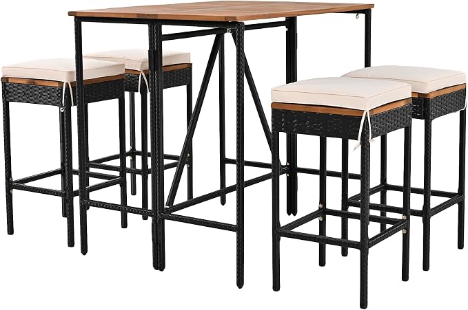 5-Piece Outdoor Patio Dining Set, Acacia Wood Bar Height Table with Foldable Tabletop and Four Stools with Cushions, High-Dining Bistro Set