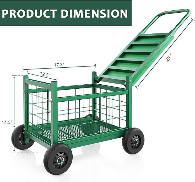Garden Cart with Seat,3-in-1 Rolling Seat with Wheels for Seniors Gardening | Upgraded Heavy Duty Gardenning Cart with Seat, Supports up to 600 LBS for Seniors, Lawn, Patio & Backyard Gardening, Green