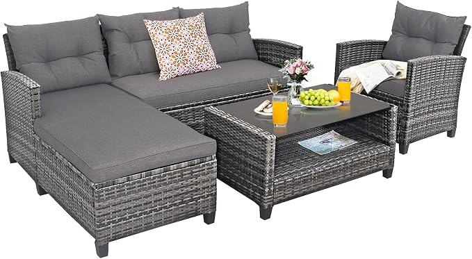 Tangkula 4 Pieces Rattan Conversation Set, Patiojoy Outdoor Furniture Set with Cushions, Lounge Sofa Set with Coffee Table, Patio Sectional Sofa Set for Patio Garden Poolside Backyard (Gray)