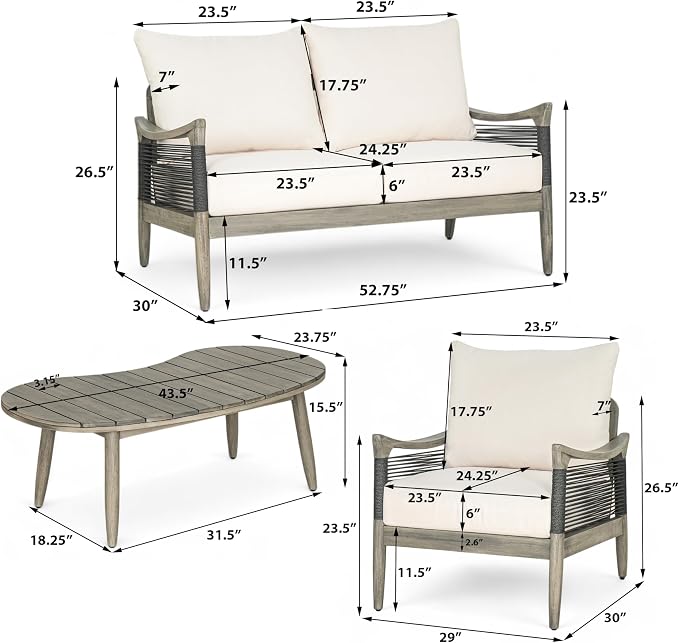 Christopher Knight Home Havets 4 Piece Patio Conversation Sets, Outdoor Acacia Wood Patio Seating Group,Woven Rope Loveseat Chairs with Cushions and Coffee Table for Porch Backyard Balcony, Gray+Beige