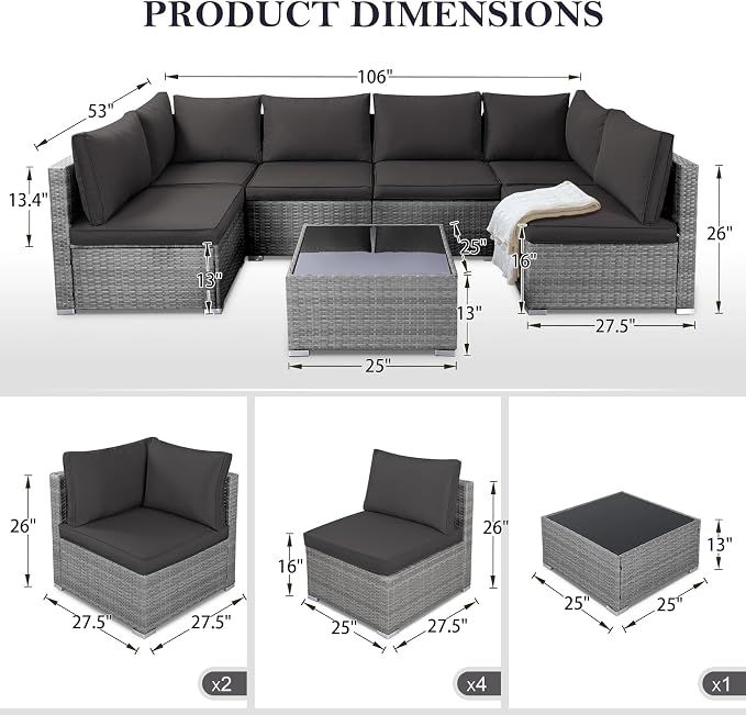 NOBLEMOOD 7 Pieces Patio Furniture Set, All Weather Outdoor Rattan Conversation Sectional Sofa Set with Cushion, Coffee Table for Porch Deck Garden