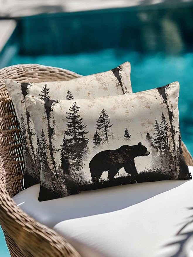 Outdoor Waterproof Throw Pillows Forest Brown Bear Silhouette Patio Pillows Pack of 2,Decorative Pillow Covers with Insert,Pillow Cushion Case for Garden Couch Sofa Minimalist Modern Art