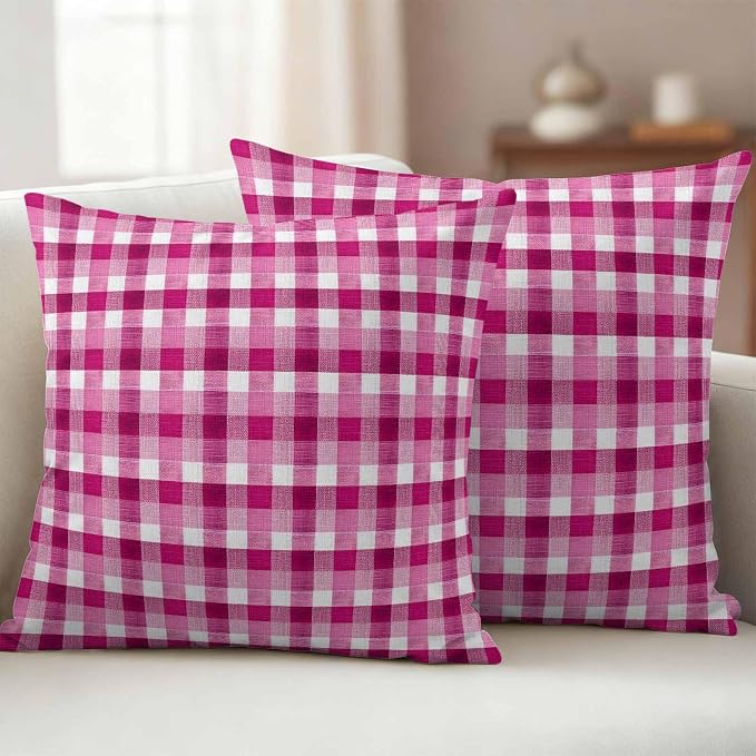 Outdoor Throw Pillow Covers,Pink Gradient Buffalo Plaid Waterproof Decorative Pillowcases Cushion Cover Modern Geometric Check Pillow Cases for Patio Couch Sofa Bed,18x18in Set of 2