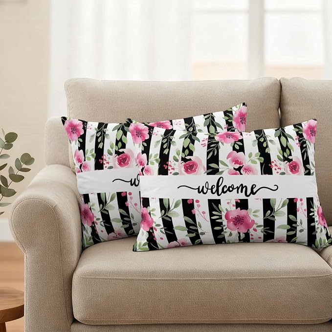 Lumbar Pillow Covers 20x12 Inch Set of 2, Pink Red Flower Waterproof Outdoor Cushion Covers, Watercolor Floral Leaf Black White Stripe Decorative Pillowcases for Couch, Sofa, Bed, Garden, Patio