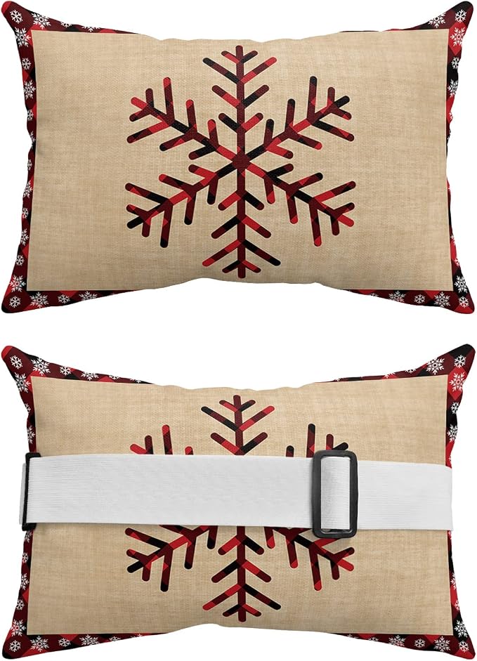 Outdoor Pillows Covers with Inserts Christmas Snowflake Retro Red and Black Buffalo Plaid Waterproof Pillow with Adjustable Strap Throw Pillows for Patio Furniture Recliner Lounge Chair, 11"x16", 1PCS
