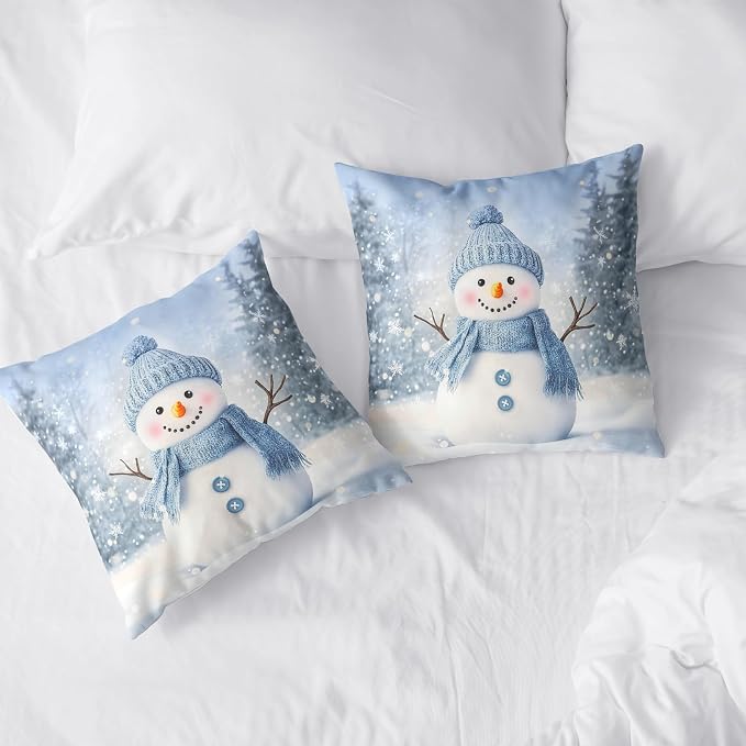 Blue Snowman Throw Pillow Covers Winter Pillow Covers 16x16 Snowflakes Pillow Case Double Sided Printing Cushion Case for Home Decor Couch Sofa Set of 2