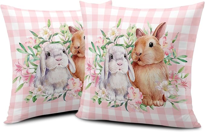 Spring Easter Pillow Covers 24x24 Pack of 2 Lovely Rabbit with Lily Flower Throw Pillow Covers Pink Plaid Bunny Pillow Case for Spring Easter Decoration Sofa Patio Garden