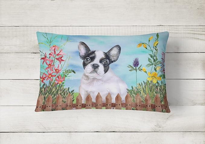 Caroline's Treasures CK1272PW1216 French Bulldog Black White Spring Canvas Fabric Decorative Pillow Machine Washable, Indoor Outdoor Decorative Pillow for Couch, Bed or Patio, 12HX16W