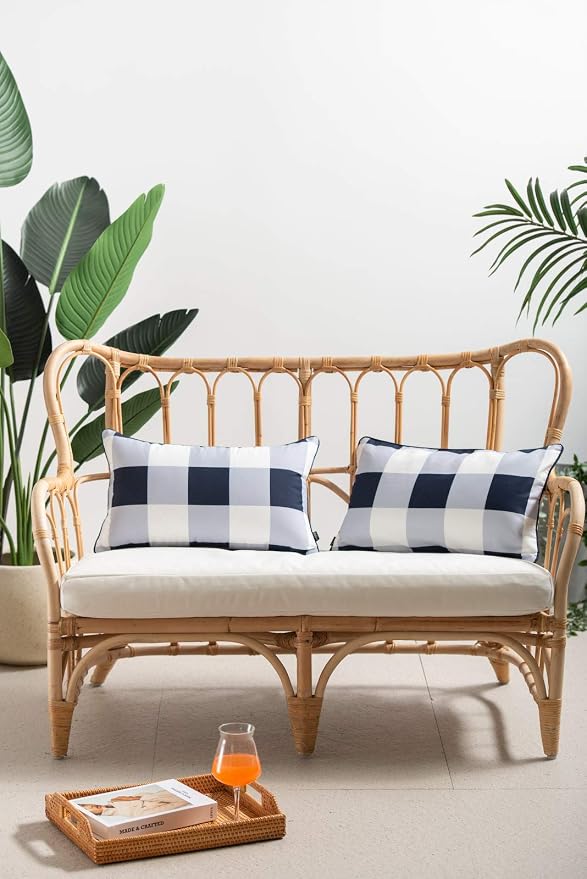 Hofdeco Coastal Patio Indoor Outdoor Lumbar Pillow Cover ONLY for Backyard, Couch, Sofa, Navy Blue Buffalo Check, 12"x20"