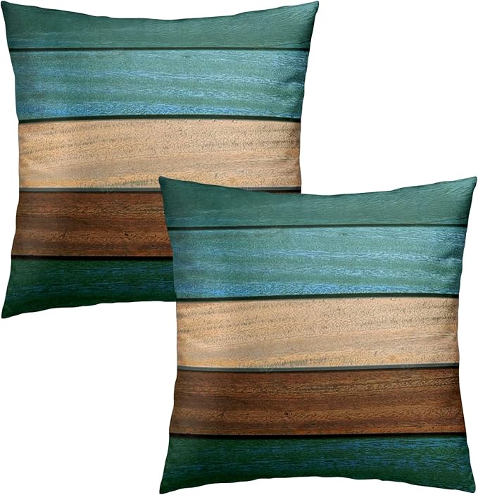 Teal Brown Wood Pillow Cover 20x20, Vintage Old Blue Board Grunge Panel Natural Lumber Plank Throw Pillowcases 2Pcs Decorative Cushion Cover for Home Couch Bed