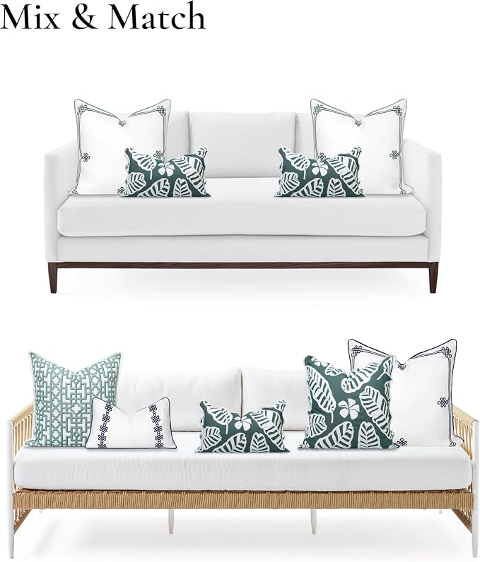 Hofdeco Premium Coastal Hampton Patio Indoor Outdoor Lumbar Pillow Cover Only, 12"x20" Water Repellent for Backyard, Couch, Poolside, Forest Green Print Palm Leaves and Hisbucs Flowers