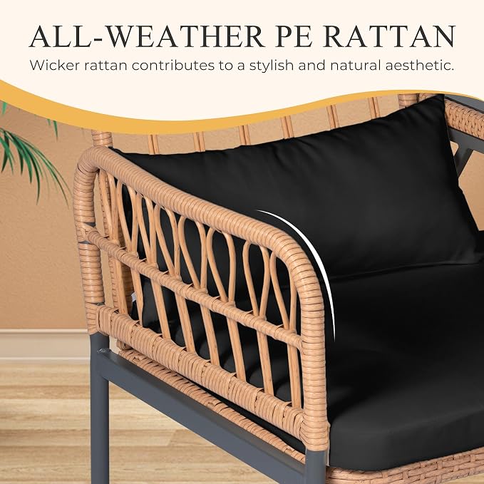 PROHIKER Outdoor Rattan Loveseat with Built-in Glass Table, 2-Seat Wicker Patio Furniture Set with Lumbar Pillows & Thick Cushions, All-Weather Conversation Sofa for Balcony, Porch & Backyard