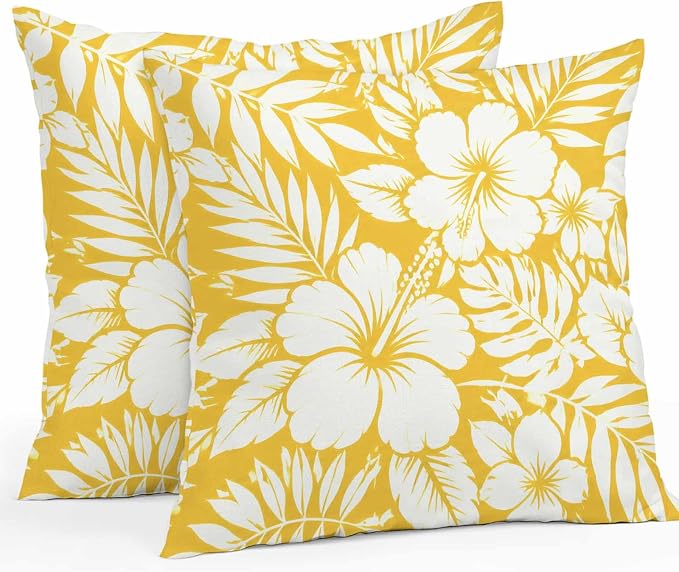 Yellow Hibiscus Flowers Waterproof Outdoor Pillow Covers Set of 2 Home Decor, Tropical Monstera Leaves Pillowcase Patio Pillow Covers for Couch Bench Patio Furniture Garden 16x16in