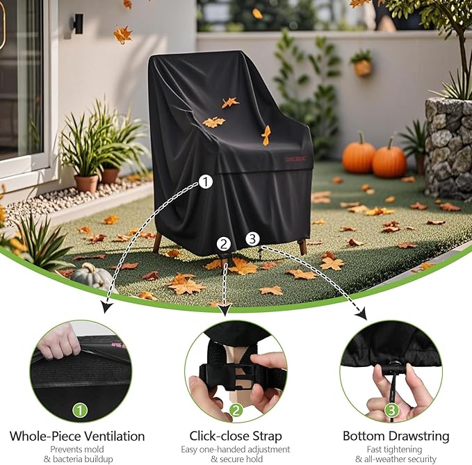 RICHIE High Back Patio Chair Cover - Waterproof Outdoor Chair Covers, All Weather Patio Furniture Covers for Stackable Chairs, 27”W x34”D x34”H (Black)