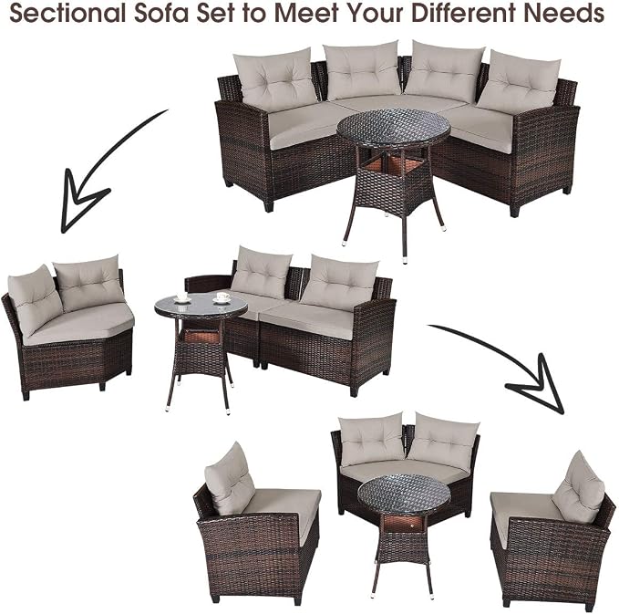 Tangkula 4-Piece C Shape Patio Furniture Set, Outdoor Corner Wicker Rattan Sectional Cushioned Sofa Set, with Glass Coffee Table, for Garden Poolside Balcony (Beige)
