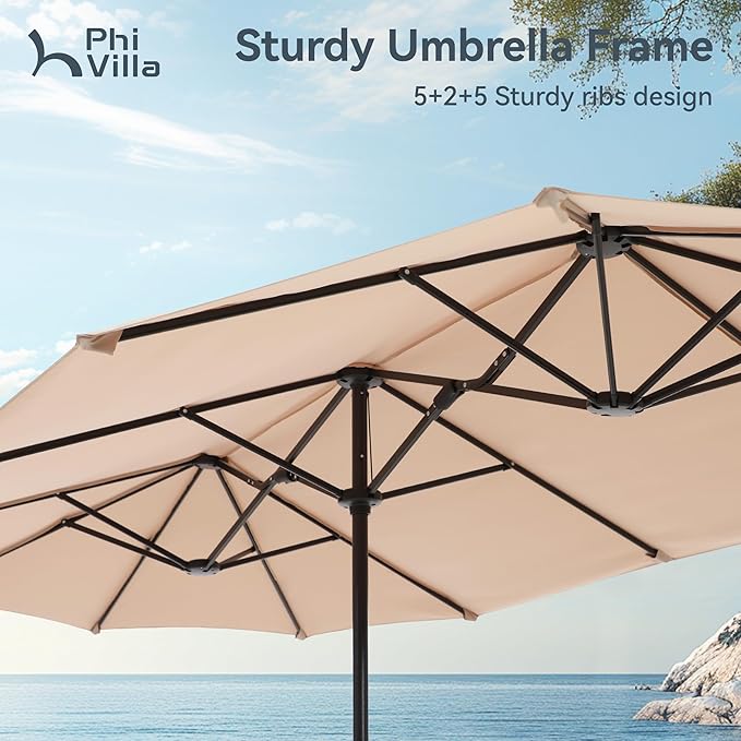 PHI VILLA 6 Piece, Outdoor Dining Set, Rectangular Metal Table,Umbrella | 15ft Umbrella, Swivel Chairs, Cushions