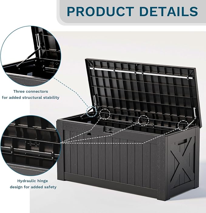 Patiowell 120 Gallon Large Deck Box, Outdoor Lockable Storage Box for Gardening Tools, Waterproof Deck Box for Patio Furniture, Black