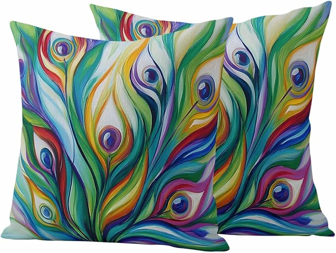 Outdoor Waterproof Pillow Covers 16x16Inch Peacock Feathers Colorful Gradient Throw Pillowcases for Patio Garden Couch Sofa Vibrant Abstract Art Decorative Cushin Case,Pack of 2