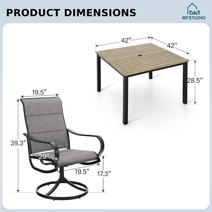MFSTUDIO Patio Table and Chairs Set of 4, Outdoor Dining Set with Square Table and Swivel Chairs, 5 Piece Patio Dining Set for Deck Backyard Poolside
