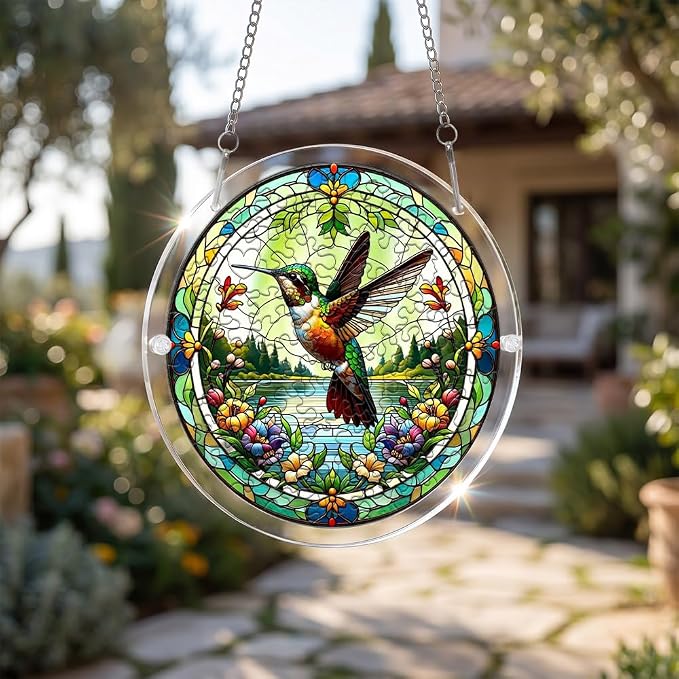 Acrylic Puzzle Suncatcher, Hummingbird Stained Glass Window Hanging, Sun Catcher Puzzle Kit Home Garden Decor, Creative Mothers Day and Birthdays Gifts for Mom, Wife, Sisters, 7.87 inch