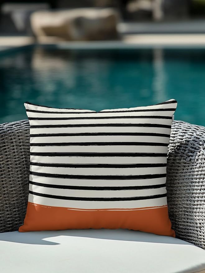 Waterproof Outdoor Pillow 1 Pack Black Stripes Decorative Throw Pillows Cover & Insert 16x16 Inch Pillowcase Striped Lines Orange Square Pillows for Couch Sofa Bed Patio Furniture Indoor Outdoor