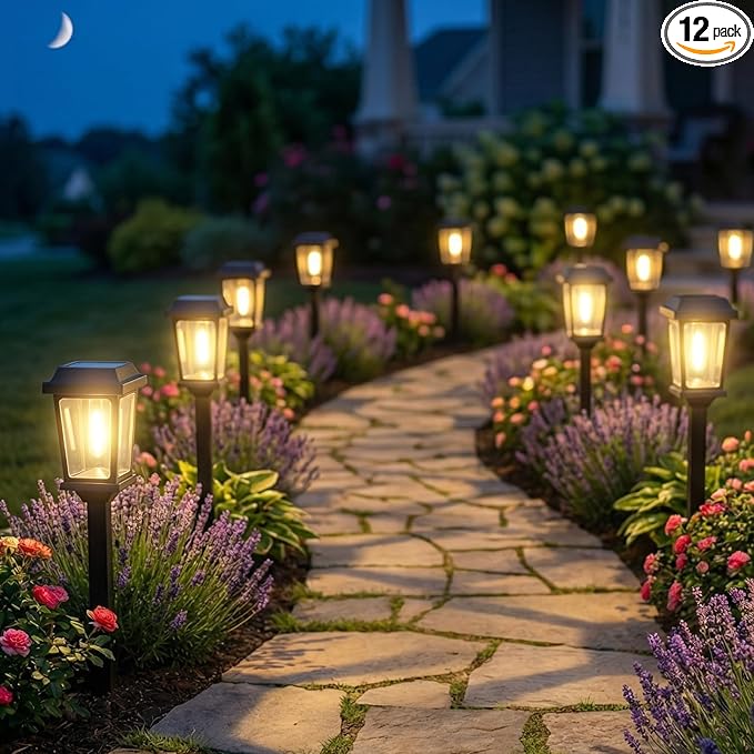 12 Pack Solar Lights Outdoor, Modern Solar Pathway Lights Outdoor, Waterproof Auto On/Off Garden Lights for Yard, Landscape Path, Walkway, Driveway Decor (3000K Warm White)