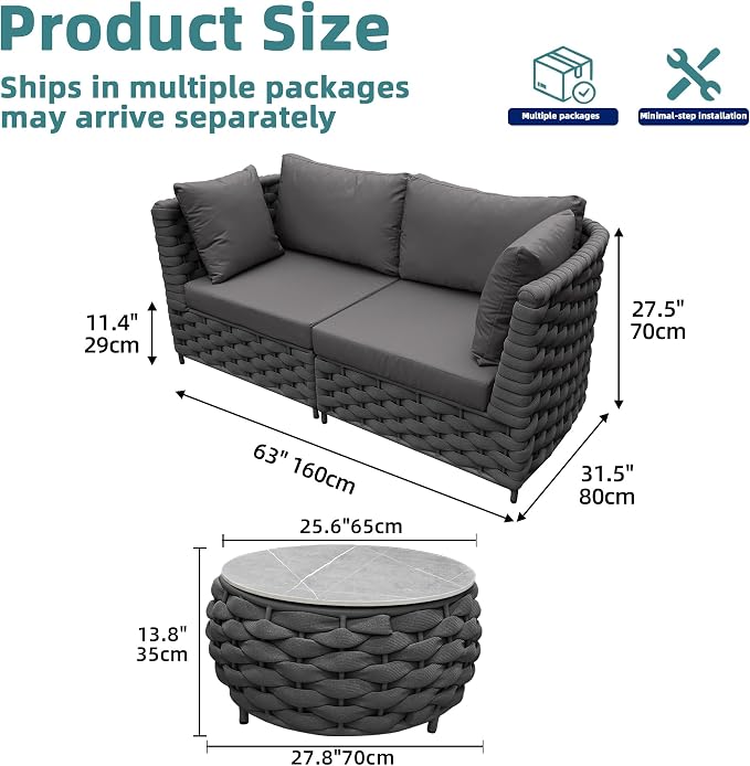 2-Seater Aluminum Outdoor Sectional Sofa Set with Coffee Table, Rust-Free Patio Loveseat with 3.9" Thick Cushions for Backyard, Balcony, Garden，Dark Gray