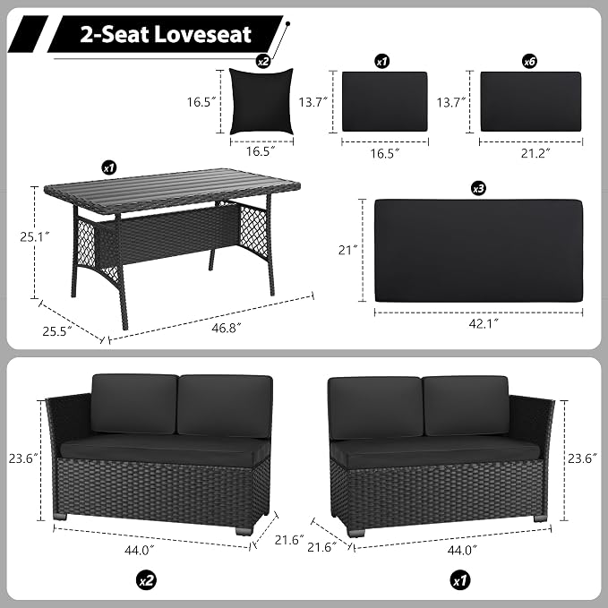 KIGOTY 7 Piece Patio Furniture Set, Outdoor PE Wicker Rattan Outdoor Dining Set, Patio Table and Chairs Set, Patio Conversation Sofa Set with Dining Table and Ottoman(Black-Black)