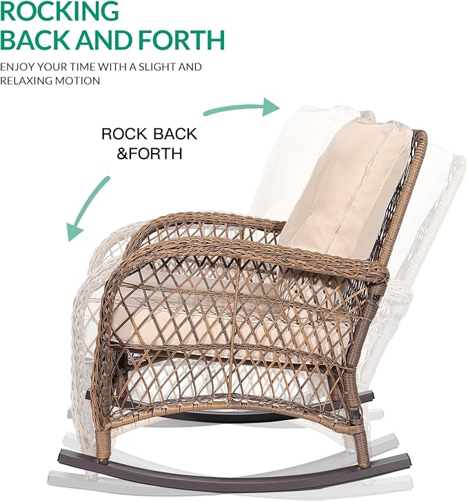 VIVIJASON 7-Piece Outdoor Patio Wicker Conversation Sets, All Weather Outdoor Rattan Furniture Set Includes Glider Loveseat, 2 Rocking Chairs, 2 Glider Rocker Chairs, 2 Coffee Table, Light Brown
