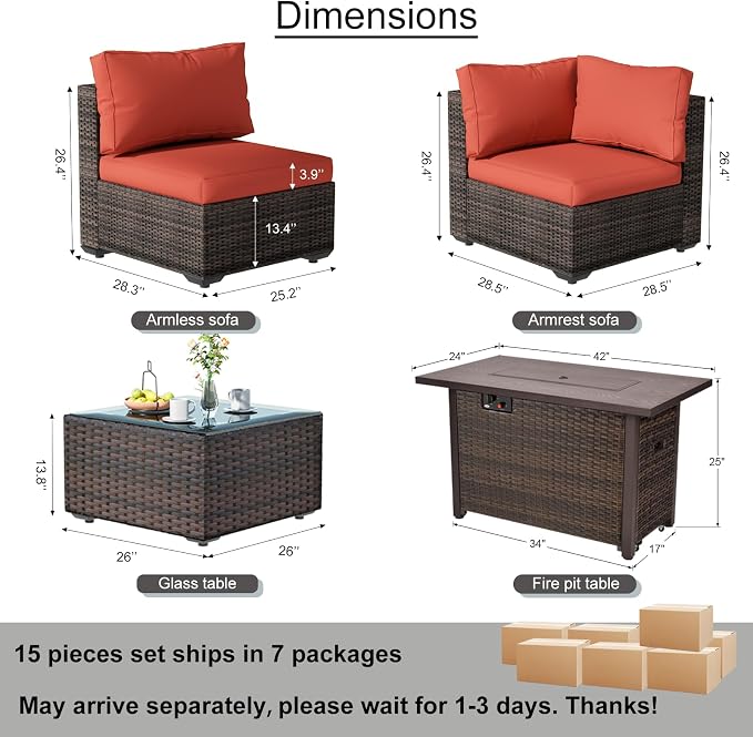 Patio Furniture Set, 15 Pieces Outdoor Sectional Patio Furniture Set with 42" Fire Pit Table, Rattan Wicker Sofa Set for Garden Backyard Deck Poolside, Red