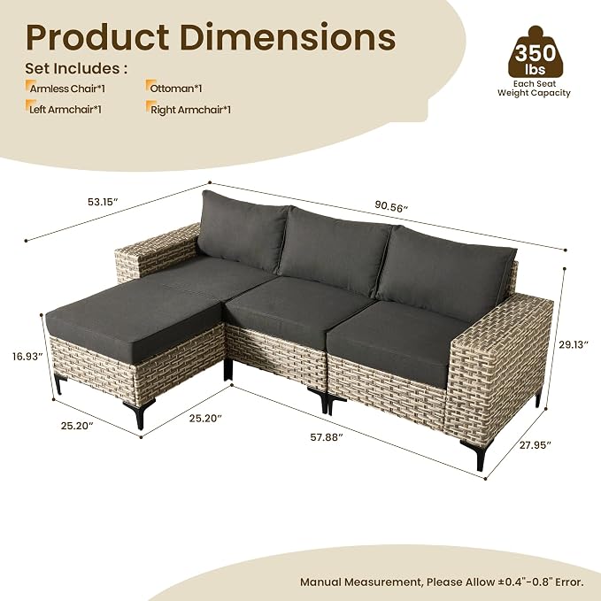 Patio Furniture Set, 4 Pieces Outdoor Wicker Conversation Sets with Coffee Table Outdoor Sectional Sofa for Balcony Backyard Poolside Garden Lawn (Black)