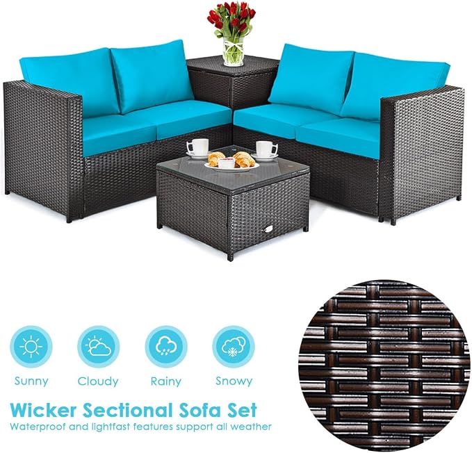 DORTALA 8 Pieces Outdoor Patio Furniture Set, Weather Resistant PE Rattan Conversation Set with Loveseats, Outdoor Sectional Sofa Set with Comfy Cushions for Garden and Poolside, Turquoise