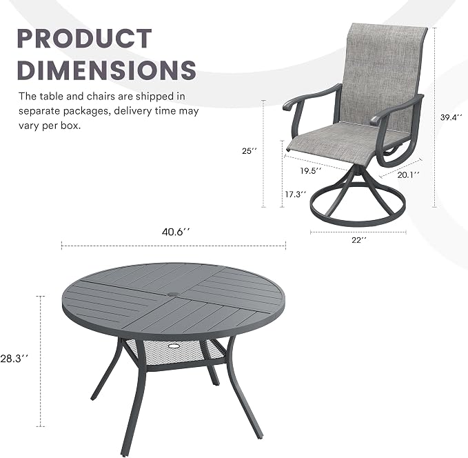 5 Pieces Patio Furniture Dining Set, 4 Textilene Swivel Dining Chairs, 41" Outdoor Round Metal Table with 1.57" Umbrella Hole, Outdoor Dining Set for Porch, Lawn, Dark Grey/Grey