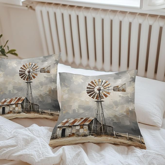 Gray Rustic Windmill Outdoor Pillow Covers 26"x26" Set of 2, Farmhouse Country Barn Oil Painting Waterproof Throw Pillow Covers for Patio Furniture, Decorative Cushion Covers for Porch
